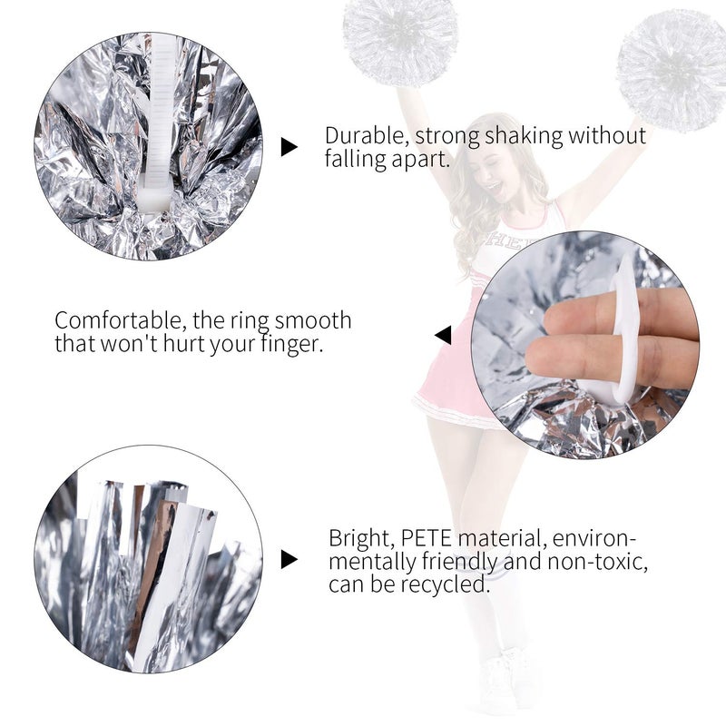 Ueerdand Pack of 4 Cheerleading Pom Poms Foil Plastic Metallic Cheerleader Pom Poms for Cheer Sport Kids Adults Team Spirit Cheering (Silver-1) - Image 2